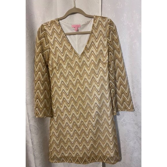 Lilly Pulitzer Dress S Small Gold Stretch 3/4 Sleeve Shift Party Cruise Holiday - Picture 9 of 13